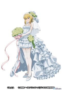 1girl bare_shoulders blonde_hair blue_dress blue_eyes blue_skirt blush bouquet bow breasts bridal_veil bride closed_mouth collarbone dress dungeon_ni_deai_wo_motomeru_no_wa_machigatteiru_darou_ka elbow_gloves elf female_focus flower flower_on_head frilled_skirt frills full_body gloves green_flower high_heels highres holding holding_bouquet japanese_text kneehighs leaf long_glove long_skirt medium_breasts medium_hair miniskirt no_bra official_art pink_bow pink_ribbon pointy_ears ribbon ryu_lion simple_background skirt sleeveless sleeveless_dress smile socks solo solo_focus thighhighs translation_request veil wedding_dress white_background white_gloves white_thighhighs white_veil zettai_ryouiki