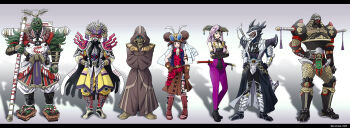 2girls 5boys animification armor bare_shoulders bodysuit braid breasts brown_eyes brown_gloves brown_hair character_request choker chuuzubo cleavage collarbone drill_hair facial_tattoo frabeejo gauntlets gloves headgear helmet high_heels highres holding holding_polearm holding_weapon insect_wings jewelry large_breasts manmaruba multiple_boys multiple_girls ninpuu_sentai_hurricanger oekaki open_clothes open_vest pantyhose pendant pink_hair polearm sandaaru sargain satarakura shinomiya_akino shirt sleeveless sleeveless_shirt smile stinger striped_clothes striped_pantyhose super_sentai tattoo tokusatsu twin_braids twin_drills vest weapon wendine wings zoom_layer