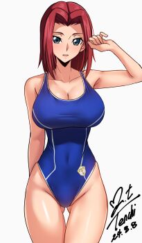 1girl absurdres arm_behind_back armpits ass bare_arms bare_shoulders blue_eyes blue_one-piece_swimsuit breasts cleavage code_geass code_geass:_lost_stories commentary competition_swimsuit covered_navel cowboy_shot dated gluteal_fold groin hair_intakes hand_up highleg highleg_one-piece_swimsuit highres kouzuki_kallen large_breasts legs_together light_smile looking_at_viewer medium_hair one-piece_swimsuit parted_lips red_hair signature simple_background solo standing straight_hair swimsuit teeth thigh_gap upper_teeth_only white_background yoo_tenchi