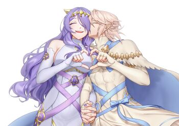 abs breasts camilla_(adrift)_(fire_emblem) camilla_(fire_emblem) corrin_(fire_emblem) dress fire_emblem fire_emblem_fates four-finger_heart_hands happy heart heart_hands holding_hands husband_and_wife jewelry king kissing_cheek long_hair male_corrin_(adrift)_(fire_emblem) male_corrin_(fire_emblem) muscular muscular_male nail_polish nintendo orotsukashii purple_hair queen ring tiara wedding_ring white_dress