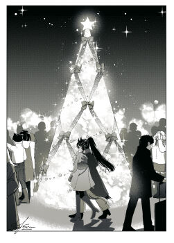 2girls absurdres animal_ears artist_name bag bandaid bandaid_on_face bandaid_on_nose blurry bokeh boots border christmas_tree closed_eyes coat commentary_request depth_of_field diffraction_spikes gloves greyscale hand_on_another&#039;s_head highres horse_ears horse_girl horse_tail long_hair long_sleeves mayano_top_gun_(umamusume) monochrome multiple_girls narita_brian_(umamusume) outdoors people ponytail shadow shoulder_bag signature silhouette tail thigh_boots twitter_username umamusume walking yonu_(yonurime)