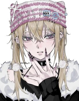 1girl aegyo_sal animal_hat beanie black_choker black_jacket blonde_hair caru_c1 cat_hat choker commentary cross ear_piercing eyebrow_piercing face_piercing fingernails fur-trimmed_jacket fur_trim hair_between_eyes hat highres jacket long_hair looking_to_the_side nail_polish original parted_lips pierced_hat piercing pink_eyes portrait punk safety_pin sharp_fingernails sleeves_past_wrists solo spiked_choker spikes straight-on symbol-only_commentary twintails v v_over_eye