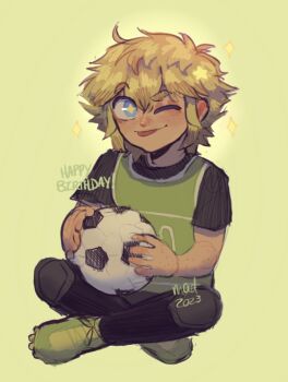 +_+ 1boy 2023 alternate_costume alternate_universe antenna_hair ball basil_(faraway)_(omori) basil_(omori) blush body_freckles cleats commentary crossed_legs double-parted_bangs english_commentary freckles green_shoes hair_between_eyes happy_birthday highres holding holding_ball looking_at_viewer madnopost male_focus omariposa omori one_eye_closed shin_guards shoes short_sleeves sidelocks sitting smile soccer_ball solo tongue tongue_out
