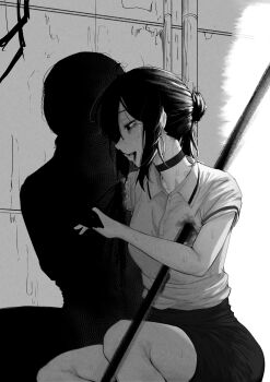 1girl absurdres black_shorts blood blood_from_mouth blood_on_clothes chainsaw_man choker commentary_request greyscale hair_bun highres impaled kakya7574 monochrome polearm polo_shirt reze_(chainsaw_man) shadow shorts solo spear sweat weapon