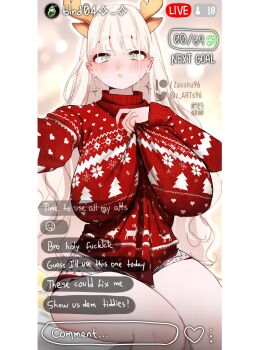 bare_legs blonde_hair breasts christmas christmas_sweater commentary english_commentary fake_horns green_eyes highres holding_sweater horns lady_(zasshu) large_breasts legs livestream long_hair original sweater thick_eyebrows thighs turtleneck turtleneck_sweater white_hair zasshu