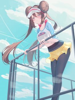 1girl absurdres black_pantyhose blue_eyes blue_sky brown_hair cloud day donut_hair_bun double_bun hair_bun highres long_hair nintendo outdoors pantyhose pokemon pokemon_bw2 raglan_sleeves railing revvie rosa_(pokemon) sky solo twintails very_long_hair visor_cap