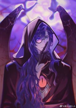 1boy black_gloves black_robe black_wings blue_eyes blue_hair chinese_commentary clarence_clayden clarence_clayden_(midnight_epilogue) closed_mouth commentary_request crabwzzzz curtained_hair dragon_wings finger_to_mouth gloves hair_between_eyes half_gloves highres hood hood_up hooded_robe index_finger_raised long_hair looking_at_viewer lovebrush_chronicles male_focus mole mole_under_eye purple_background robe shushing sideways_glance solo third_eye_on_chest upper_body watermark weibo_watermark wide_sleeves wings