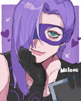 1girl black_bodysuit blush bodysuit character_name curtained_hair drawn_heart earrings eyelashes green_eyes hair_over_one_eye hand_on_own_chin head_tilt highres holding jewelry jojo_no_kimyou_na_bouken long_hair looking_at_viewer matubaru_chan portrait purple_hair purple_mask purple_theme smile solo stud_earrings vento_aureo