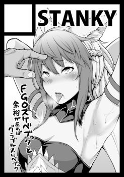 1girl 1other ahegao alternate_breast_size_(larger) arm_strap arms_behind_head atalanta_(fate) atalanta_(first_ascension)_(fate) braid breasts circle_cut circle_name cleavage commentary_request crown_braid detached_collar fate/grand_order fate_(series) greyscale heavy_breathing large_breasts long_hair monochrome poking_head steaming_body strapless sweat tongue tongue_out translation_request yozo_(stanky)