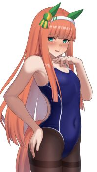 Rule 34 | 1girl, absurdres, animal ears, aqua eyes, armpit crease, bakkasu150, bare arms, black pantyhose, blue one-piece swimsuit, blush, commentary request, competition swimsuit, covered navel, cowboy shot, ear covers, flat chest, hair ornament, hairband, hand on own hip, hand up, highres, horse ears, horse girl, horse tail, long hair, looking at viewer, one-piece swimsuit, open mouth, orange hair, orange tail, pantyhose, pantyhose under swimsuit, silence suzuka (umamusume), simple background, solo, swimsuit, tail, umamusume, white background, white hairband