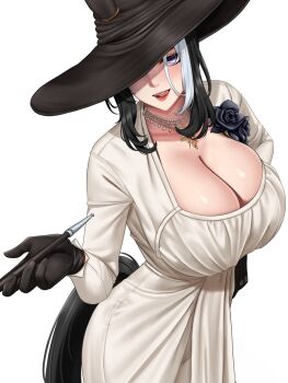 1girl alcina_dimitrescu alcina_dimitrescu_(cosplay) animal_ears black_flower black_gloves black_hair black_rose breasts cleavage commentary cosplay dress flower gloves hat highres holding holding_smoking_pipe horse_ears horse_girl horse_tail jewelry looking_at_viewer mejiro_ramonu_(umamusume) multicolored_hair necklace plunging_neckline purple_eyes resident_evil resident_evil_village rose sidelocks smoking_pipe solo stmoon tail two-tone_hair umamusume white_dress white_hair white_streaks