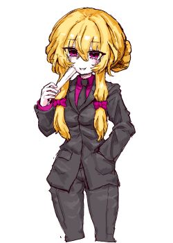 Rule 34 | 1girl, absurdres, alternate costume, black jacket, black necktie, black pants, black suit, blonde hair, blush, bow, breasts, collared shirt, commentary, crossdressing, crossdressing (ftm), folded fan, folding fan, formal clothes, hair bow, hand fan, hand in pocket, highres, holding, holding fan, jacket, korean commentary, long sleeves, necktie, no headwear, pants, pink bow, pink eyes, pink shirt, rampa93, shirt, simple background, small breasts, smile, solo, suit, suit jacket, touhou, white background, yakumo yukari