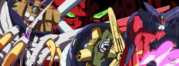 2017 absurdres clawed_hands commentary dated devil_gundam english_commentary fangs g_gundam glowing glowing_eyes glowing_hand grand_gundam green_eyes gundam gundam_heaven's_sword highres innovator123 looking_at_viewer master_gundam mecha mecha_focus mobile_suit no_humans no_pupils official_art open_mouth robot sharp_teeth shining_finger signature small_head talons teeth v-fin walter_gundam wings