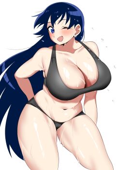1girl :d arato_nagi arm_at_side arm_behind_back bare_arms bare_legs black_hair blush breasts cleavage collarbone commentary_request curvy grey_panties grey_sports_bra hair_between_eyes highres imiin large_breasts long_hair looking_at_viewer navel open_mouth panties purple_eyes ruri_no_houseki simple_background smile sports_bra standing sweat thighs underwear very_long_hair white_background