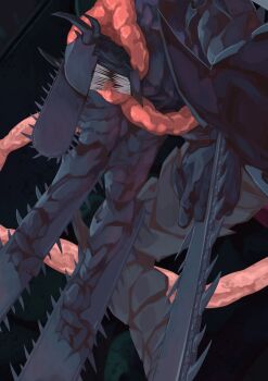 1boy arm_mounted_weapon chainsaw chainsaw_devil chainsaw_man claws dakaeya demon demon_boy demon_horns dutch_angle extra_arms highres horns intestine_clothing intestines no_eyes open_mouth scarf sharp_teeth solo spikes teeth weapon
