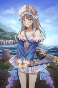 Rule 34 | 1girl, atelier (series), atelier totori, bag, blue sky, brown eyes, brown hair, cowboy shot, dress, fall (5754478), headdress, highres, holding, holding staff, long hair, looking at viewer, nature, ocean, outdoors, pier, shoulder bag, sky, smile, solo, staff, thighs, totooria helmold, wide sleeves