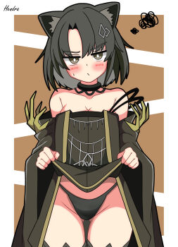 1girl absurdres animal_ears arknights black_hair black_panties blush breasts cat_ears clothes_lift dress dress_lift hendra highres lifting_own_clothes looking_at_viewer mandragora_(arknights) medium_breasts panties solo underwear