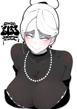 1girl absurdres artist_name black_dress breasts closed_mouth commentary covered_collarbone dress earrings english_commentary floating_earrings highres jewelry jrpencil large_breasts looking_at_viewer necklace original parted_bangs pearl_necklace raised_inner_eyebrows short_hair simple_background smile solo upper_body white_background white_eyes white_hair