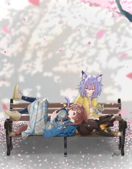 Rule 34 | 2girls, :3, absurdres, alternate costume, animal ear fluff, animal ears, bench, black pants, black shoes, blue jacket, blue shirt, blue skirt, bone hair ornament, book, bow, braid, brown eyes, brown hair, bug, butterfly, cardigan, cartoon bone, cat ears, cat girl, cat tail, closed mouth, commentary request, crossed bangs, day, denim, denim jacket, dog ears, dog girl, dog tail, falling leaves, hair between eyes, hair bow, hair ornament, highres, holding, holding book, hololive, indian style, insect, inugami korone, jacket, lap pillow, leaf, looking at another, low twin braids, lying, mori nox, multiple girls, nekomata okayu, on back, orange socks, outdoors, pants, pantyhose, park bench, plaid clothes, plaid shirt, plaid skirt, purple eyes, purple hair, shirt, shoes, signature, sitting, skirt, smile, socks, star wars, tail, twin braids, virtual youtuber, white shirt, yellow bow, yellow cardigan, yellow shoes
