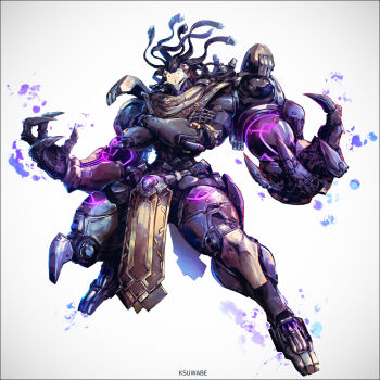 Rule 34 | 1boy, alternate form, cable hair, claws, commentary, crossed arms, extra arms, facial mark, humanoid robot, k-suwabe, long hair, male focus, mechanical arms, omnic, overwatch, paint splatter, pelvic curtain, ramattra (overwatch), robot, scarf, signature, simple background, solo, standing, white background