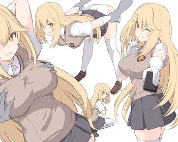 +_+ 1girl 2022 20s ass bent_over blonde_hair blush breasts brown_eyes controller elbow_gloves gloves grabbing_another's_breast grey_skirt groping large_breasts long_hair looking_at_viewer multiple_views one_eye_closed open_mouth panties remote_control school_uniform shirt shiseki_hirame shokuhou_misaki short_sleeves skirt smile summer_uniform sweater_vest symbol-shaped_pupils thighhighs thighs toaru_kagaku_no_railgun toaru_majutsu_no_index toaru_majutsu_no_index_gaiden:_toaru_kagaku_no_mental_out tokiwadai_school_uniform underwear white_gloves white_panties white_shirt white_thighhighs