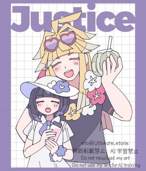 Rule 34 | 1boy, 1girl, alternate costume, artist name, black shirt, blonde hair, bob cut, border, brother and sister, closed eyes, coconut, coconut cup, commentary, cup, dress, drinking glass, eyewear on head, facing viewer, flower, flower necklace, fruit as cup, grid background, gwynn (pokemon), hat, heart, heart-shaped eyewear, highres, holding, holding cup, ivor (pokemon), jewelry, lei, long hair, mole, mole under mouth, necklace, nintendo, open mouth, pokemon, pokemon legends: z-a, purple border, purple hair, remoooon, shirt, short hair, short sleeves, siblings, teeth, twitter username, untranslatable commentary, upper teeth only, white dress, white hat