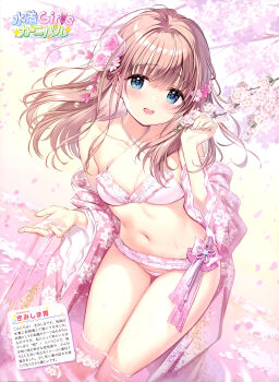 Rule 34 | 1girl, :d, absurdres, artist name, bikini, blue eyes, blurry, blurry background, blush, breasts, brown hair, cherry blossoms, cleavage, collarbone, criss-cross halter, dengeki moeoh, falling petals, feet out of frame, fingernails, flower, hair between eyes, hair flower, hair ornament, halterneck, highres, japanese clothes, kimishima ao, kimono, kimono partially removed, leaning forward, long hair, looking at viewer, magazine scan, momoi saki, navel, open clothes, open kimono, open mouth, original, petals, pink bikini, pink flower, pink kimono, pink petals, scan, shiny skin, small breasts, smile, solo, standing, stomach, swimsuit, thigh gap, third-party source, translation request, wading, water, wet, wispy bangs