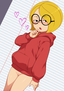 Rule 34 | 1girl, black eyes, blonde hair, blush, bottomless, censored, dutch angle, glasses, hair over one eye, half-closed eyes, hand on own chin, harriet m. welsch, harriet the spy, heart, highres, hood, hoodie, jcm2, looking at viewer, mosaic censoring, naked hoodie, open mouth, pussy, red hoodie, short hair, standing