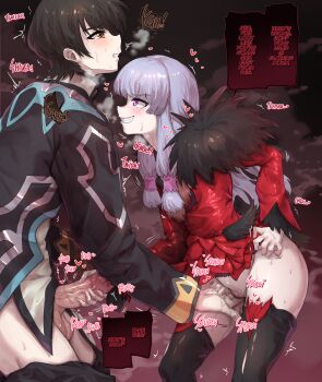 1boy 1girl absurdres agria_(tales) black_hair blunt_bangs blush brown_eyes clenched_hand clenched_teeth clothed_masturbation clothes_pull coat commission dialogue_box dress english_text evil_grin evil_smile fingering freckles fur_trim grin hair_rings handjob heart hetero highres jude_mathis long_hair long_sleeves looking_at_another low-tied_sidelocks masturbation mutual_masturbation pants pants_pull penis purple_eyes pussy red_dress short_hair sidelocks smile sound_effects standing steam sunnysideup surcoat sweat tales_of_(series) tales_of_xillia teeth thighhighs trembling white_hair