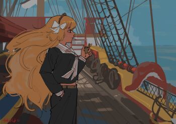 Rule 34 | 1girl, 2542442836, absurdres, black pants, black shirt, bow, brown hairband, e.g.o (project moon), floating hair, hair bow, hairband, hand up, highres, holding, holding lighter, ishmael (project moon), lighter, limbus company, long hair, ocean, orange hair, outdoors, pants, project moon, rope, sailor, ship, shirt, smoke, smoking, snagharpoon (e.g.o), solo, standing, tentacles, very long hair, watercraft, white bow