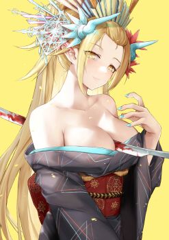 1girl absurdres bare_shoulders black_kimono bleeding blonde_hair blood bloody_weapon blush breasts cleavage crown hair_ornament highres japanese_clothes kimono kiss-shot_acerola-orion_heart-under-blade large_breasts looking_at_viewer monogatari_(series) nail_polish obi oshino_shinobu oshino_yeye print_kimono sash solo stab sword weapon wide_sleeves yellow_background yellow_eyes
