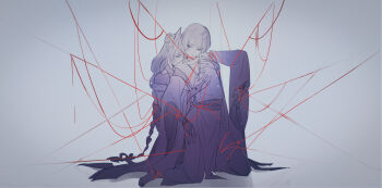 Rule 34 | 1boy, 1girl, absurdres, arms up, behind another, blunt bangs, braid, closed eyes, closed mouth, genshin impact, grey background, hair between eyes, hair ornament, hair ribbon, hands on another's chest, head on another's back, highres, hug, hug from behind, japanese clothes, jewelry, kneeling, leaning back, long hair, long sleeves, looking down, looking to the side, mole, mole under eye, monochrome, mother and son, necklace, off shoulder, raiden shogun, ribbon, scaramouche (genshin impact), scaramouche (kabukimono) (genshin impact), short hair, simple background, single braid, string, string of fate, wide sleeves, xinjinjumin282159955085