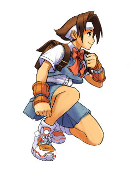 Rule 34 | 1girl, absurdres, backpack, bag, blue skirt, bow, brown bag, brown eyes, brown hair, closed mouth, commentary, full body, headband, highres, justice gakuen, red bow, school uniform, shirt, shoes, short hair, skirt, smile, sneakers, socks, solo, squatting, wakaba hinata, white shirt, white socks, xfiro