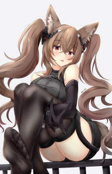Rule 34 | 1girl, absurdres, angelina (arknights), animal ear fluff, animal ears, arknights, arknights: endfield, bare shoulders, black dress, black gloves, black panties, black thighhighs, breasts, brown hair, commentary, crossed bangs, dot nose, dress, ebiko yaki, elbow gloves, english commentary, feet, fox ears, fox girl, fox tail, gilberta (arknights), gloves, hair between eyes, headpiece, highres, impossible clothes, impossible dress, large breasts, long hair, looking at viewer, no coat, orange eyes, panties, parted lips, see-through clothes, see-through thighhighs, short dress, sleeveless, sleeveless dress, solo, tail, thighhighs, thighs, twintails, twitter username, underwear, upskirt, w