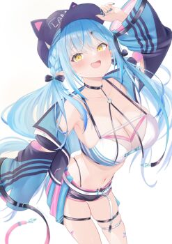 1girl animal_hat asymmetrical_legwear baseball_cap belt black_choker black_hat black_jacket black_shorts blue_hair braid breasts cat_hat choker cleavage commentary_request elf hair_between_eyes hat highres hololive jacket kei_(keiillustrator) large_breasts long_hair long_sleeves looking_at_viewer low_twintails navel official_alternate_costume open_clothes open_jacket open_mouth pointy_ears short_shorts shorts side_braids solo stomach thigh_strap twintails very_long_hair virtual_youtuber white_belt yellow_eyes yukihana_lamy yukihana_lamy_(cyber)