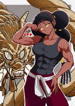 1girl belt biceps black_hair black_tank_top dark_skin desscaras dragon earrings flexing hair_bun hairband hand_on_own_hip highres jewelry kayowacool007 long_hair looking_at_viewer loose_pants madan_no_ichi martial_arts_belt muscular muscular_female solo sweat tank_top yellow_eyes
