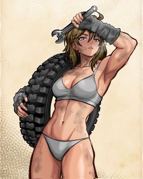 1girl akash_senpai armpits blonde_hair bra breasts character_request collarbone commentary copyright_request dirty english_commentary fingerless_gloves glint gloves grey_gloves highres holding holding_tire holding_wrench looking_at_viewer medium_breasts medium_hair navel panties parted_lips solo standing sweat sweatdrop toned toned_female underwear unused_tire white_bra white_panties wrench