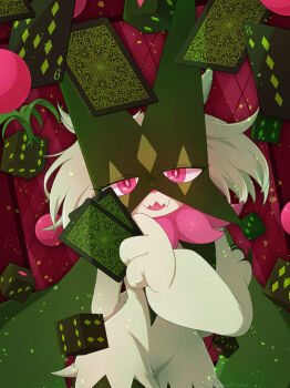 1girl animal_hands animal_nose argyle_background arm_behind_back artist_name between_fingers body_fur card claws cowboy_shot diamond-shaped_pupils diamond_(shape) dice female_focus floating floating_object furry furry_female green_fur green_hair groin half-closed_eyes hand_up happy highres holding holding_card lemonade_kokoi looking_at_viewer meowscarada nintendo open_mouth pink_eyes pokemon pokemon_(creature) short_hair signature smile solo standing symbol-shaped_pupils twitter_username