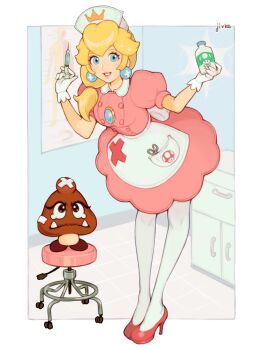 1-up_mushroom 1girl alternate_costume alternate_hairstyle bandages bent_over blonde_hair blue_eyes buttons chart cross cross_pasties crown earrings goomba hat head_bump high_heels infirmary jewelry jivke looking_at_viewer mario_(series) medicine_bottle mushroom needle nintendo nurse nurse_cap pasties ponytail princess_peach red_cross scissors skirt sphere_earrings standing standing_on_person stool syringe thighhighs tile_floor tiles white_thighhighs