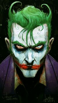 1boy batman_(series) blue_eyes brown_eyes collared_shirt dc_comics devilhs facepaint green_hair heterochromia highres jacket looking_at_viewer pale_skin portrait purple_jacket red_lips shirt short_hair signature solo the_joker white_shirt