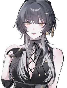 1girl alternate_hairstyle bare_shoulders belt black_dress black_hair blush commentary_request dress elbow_pads female_rover_(wuthering_waves) hair_ornament highres light_blush long_hair looking_at_viewer open_mouth rover_(wuthering_waves) sidelocks simple_background sleeveless smile solo soyogi_nrso tacet_mark_(wuthering_waves) upper_body white_background wuthering_waves yellow_eyes