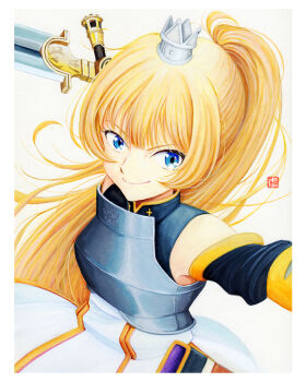 Rule 34 | 1girl, 1other, armpit crease, black dress, black sleeves, blonde hair, blue eyes, chest armor, closed mouth, crown, detached sleeves, dress, ex (himesama goumon), eyebrows hidden by hair, flat chest, hair between eyes, hime-sama "goumon" no jikan desu, hime (himesama goumon), holding, holding sword, holding weapon, long hair, looking to the side, mini crown, painting (medium), ponytail, signature, simple background, skirt, smile, sword, traditional media, very long hair, watercolor (medium), weapon, white background, white skirt, y takeshinu wan