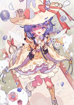 1girl :3 :d animal_ears apron artist_name black_bow blue_dress blush bow commentary cupcake dress food frilled_dress frilled_sleeves frills full_body hair_between_eyes hair_bow hat hat_bow kneehighs long_hair long_sleeves looking_at_viewer mouse_(animal) mouse_ears mouse_girl mouse_tail multicolored_hair open_mouth original pink_eyes purple_hair purple_shoes red_bow red_hair shoes sleeve_bow smile socks solo standing standing_on_one_leg streaked_hair symbol-only_commentary tail tail_bow tail_ornament tsukumi_bis twitter_username two-tone_hair white_apron white_hat wide_sleeves yellow_socks