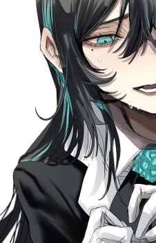 Rule 34 | 1girl, ado (utaite), black hair, blue eyes, blue hair, blush, chando (ado), commentary, ear blush, gloves, gunjyou (gunjyou 00), highres, long hair, nervous sweating, open mouth, sidelocks, simple background, solo, sweat, symbol-only commentary, upper body, utaite, white background, white gloves