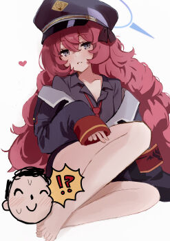 1boy 1girl absurdres bare_legs barefoot black_hair black_jacket black_shirt black_skirt blue_archive blue_halo blush convenient_censoring crossed_bangs doodle_sensei_(blue_archive) fluffy_hair hair_between_eyes halo hat highres iroha_(blue_archive) jacket long_hair necktie parted_lips peaked_cap red_hair red_necktie saibashi_(develop_komono) sensei_(blue_archive) shirt sidelocks skirt sleeves_past_wrists smile