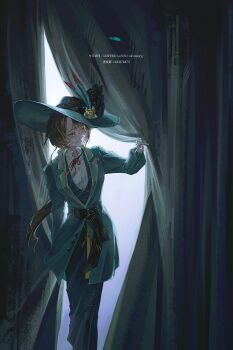 Rule 34 | 1girl, absurdres, asymmetrical bangs, brown hair, chinese commentary, closed mouth, coat, collared shirt, commentary request, curtains, eyewear strap, feet out of frame, flower, gloves, green coat, green hat, green jacket, hat, hat flower, highres, jacket, kakania (reverse:1999), key, lapels, long hair, long sleeves, looking to the side, neck ribbon, notched lapels, opening curtains, red ribbon, reverse:1999, ribbon, round eyewear, shirt, solo, very long hair, volcanoyyy, white gloves, white shirt