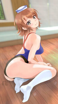 1girl absurdres blue_one-piece_swimsuit breasts brown_eyes brown_hair cloritin commentary_request competition_swimsuit dixie_cup_hat flipped_hair hat highres kantai_collection looking_at_viewer medium_breasts military_hat multicolored_swimsuit one-piece_swimsuit racerback richard_p._leary_(kancolle) short_hair socks solo swimsuit white_socks wooden_floor