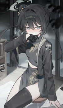 1girl absurdres biting biting_glove black_dress black_gloves black_hair black_jacket black_thighhighs blue_archive blush breasts chair china_dress chinese_clothes commentary double_bun dress gloves hair_bun halo hand_up hickey highres huu_(dighapdlxm12) indoors jacket kisaki_(blue_archive) long_hair long_sleeves midriff on_chair open_clothes open_jacket single_thighhigh sitting small_breasts thighhighs