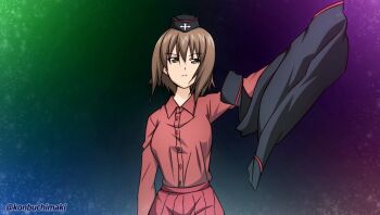 Rule 34 | 1girl, black jacket, breasts, brown eyes, brown hair, cross, dress shirt, garrison cap, girls und panzer, gradient background, hat, holding, holding jacket, holding unworn clothes, iron cross, jacket, konbuchimaki, kuromorimine military uniform, large breasts, long sleeves, military, military hat, military uniform, miniskirt, nishizumi maho, pleated skirt, red shirt, red skirt, shirt, short hair, shorts, shorts under skirt, skirt, solo, twitter username, unworn jacket