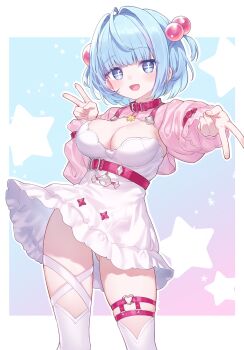 1girl :d absurdres ahoge belt blue_background blue_eyes blue_hair blush border breasts cleavage collar commentary commission cowboy_shot double_v dress gat_(vtuber) gluteal_fold gradient_background hair_bobbles hair_intakes hair_ornament hand_up heart heart_o-ring highres hiraga_matsuri indie_virtual_youtuber jacket large_breasts long_sleeves looking_at_viewer o-ring o-ring_thigh_strap open_clothes open_jacket open_mouth outline outside_border outstretched_arm pink_background pink_jacket red_belt red_collar short_hair skeb_commission smile solo star_(symbol) thigh_strap thighhighs two-tone_background two_side_up v virtual_youtuber white_border white_dress white_outline white_thighhighs